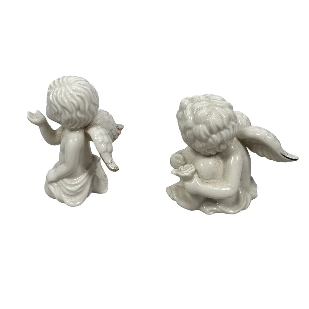 Lenox Ivory Porcelain Cherub Angel Figurines Gold Trim Set 2 Blowing Kiss Heart